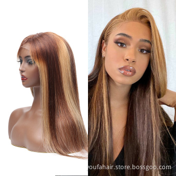 4*4 Honey Blond Human Hair Wigs 4X4 Ombre Colour Straight Highlight Lace Front Wigs Piano Color Lace Frontal Wig